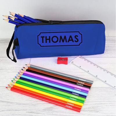 Personalised Memento Stationery & Pens Blue Pencil Case with Personalised Pencils & Crayons