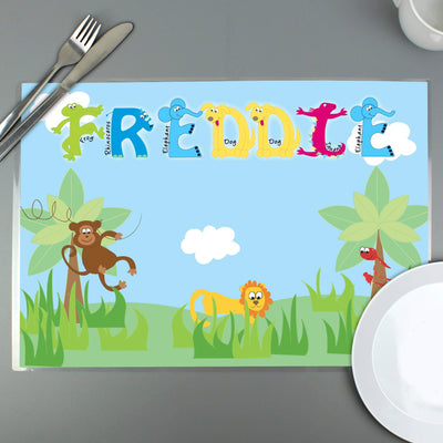 Personalised Memento Mealtime Essentials Personalised Blue Animal Alphabet Placemat