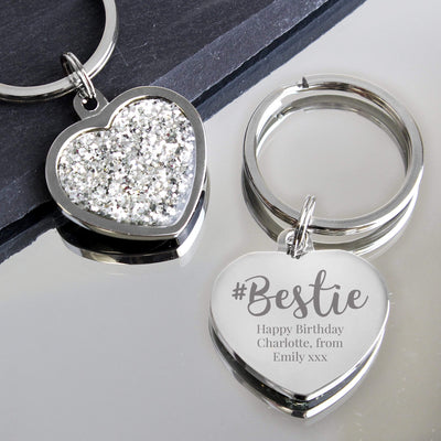 Personalised Memento Keepsakes Personalised #Bestie Diamante Heart Keyring