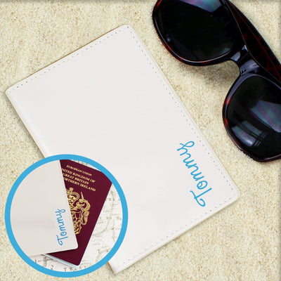 Personalised Memento Leather Personalised Blue Name Island Cream Passport Holder
