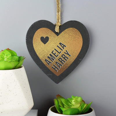 Personalised Memento Slate Personalised Couples Gold Printed Slate Heart Decoration