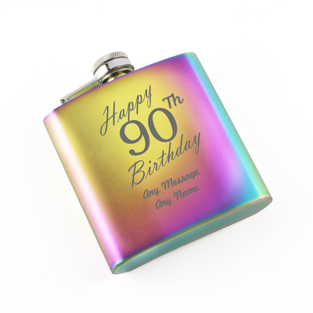 Personalised Rainbow Hip Flask 6oz - Happy 90th Birthday