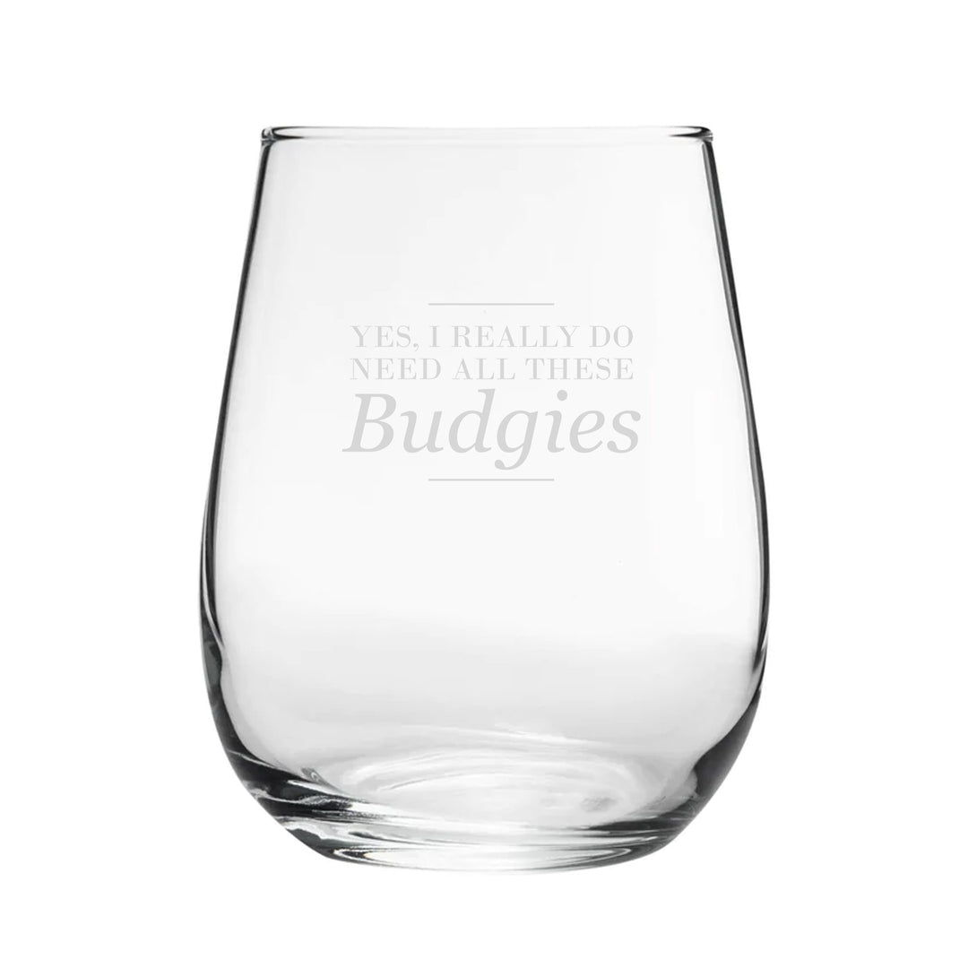 Engraved Budgies Stemless Gin Tumbler Glass