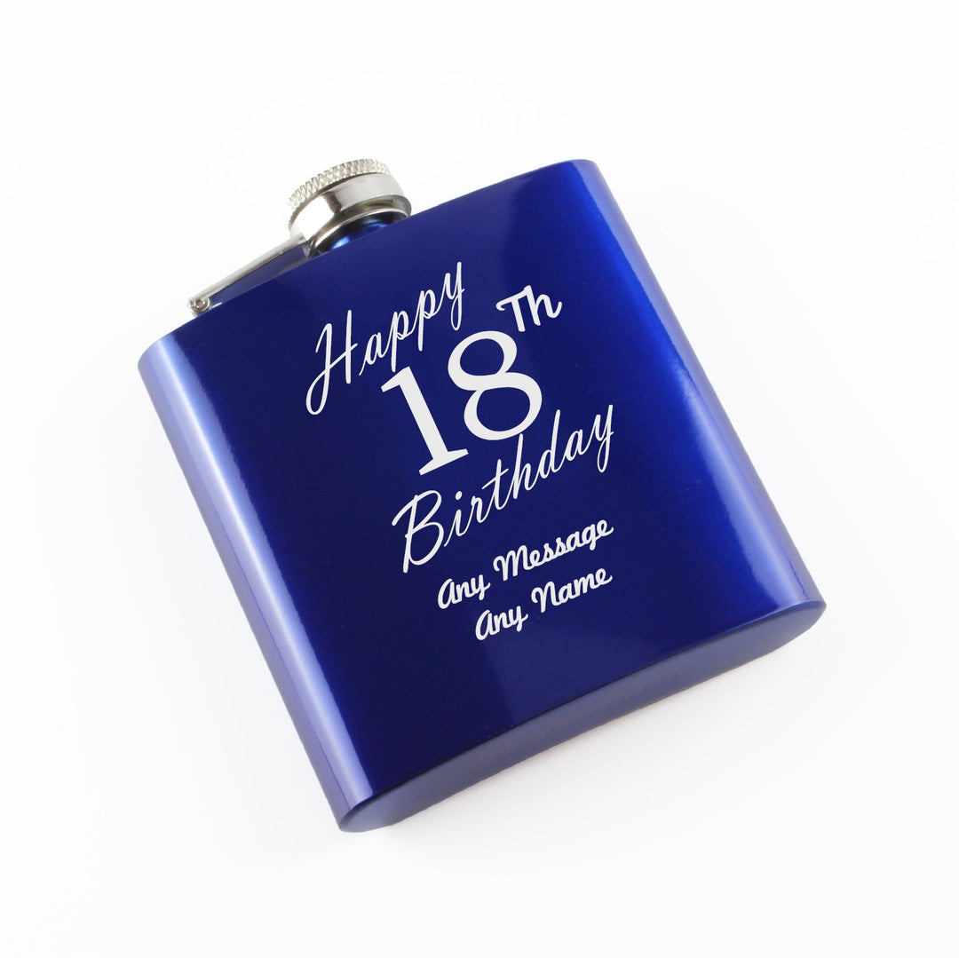 Personalised Blue Stainless Steel Hip Flask 6oz - Happy 18th