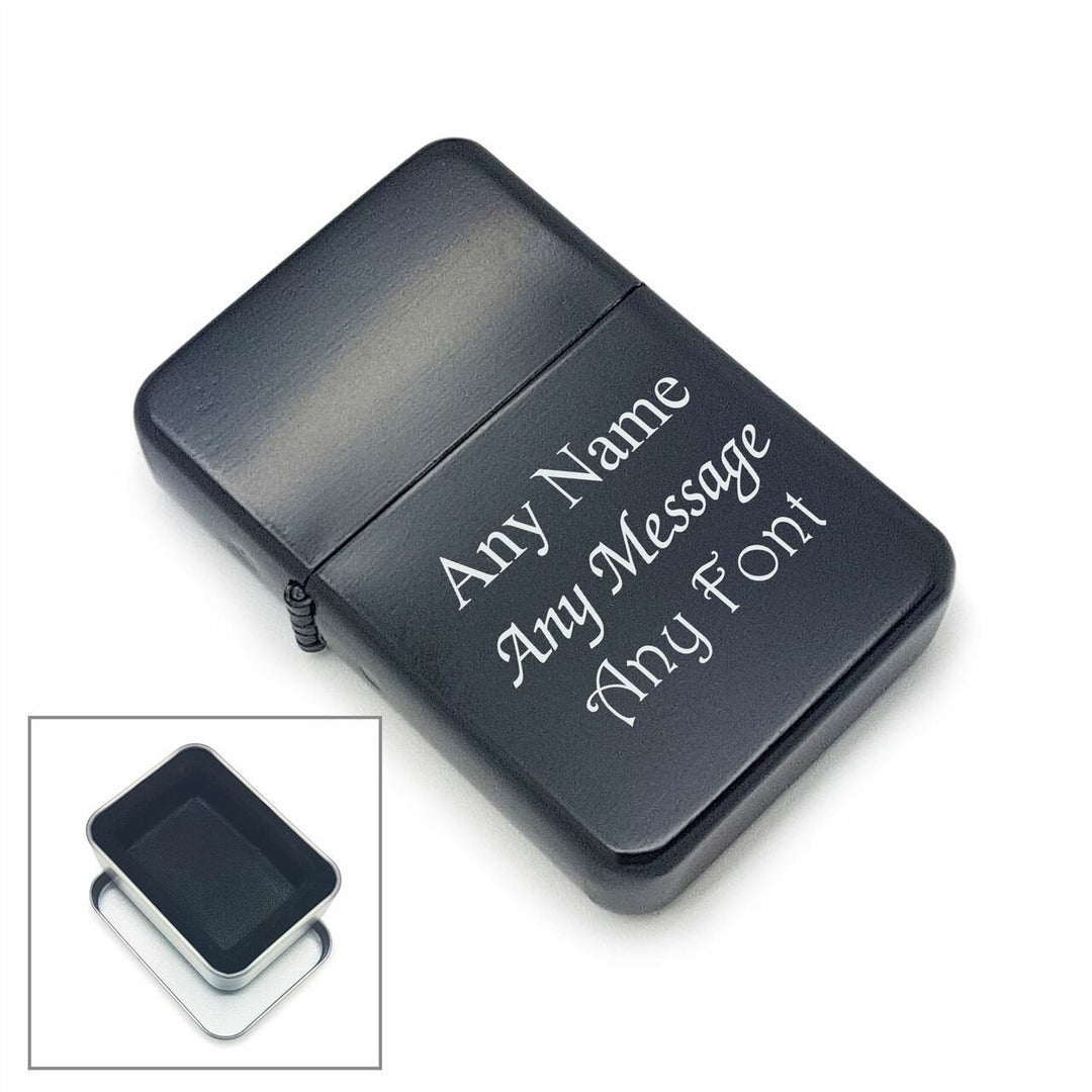 Personalised Engraved Black Lighter in Metal Tin Gift Box