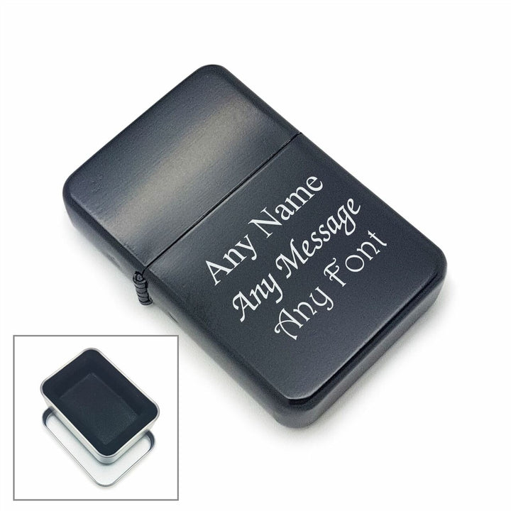 Personalised Engraved Black Lighter in Metal Tin Gift Box