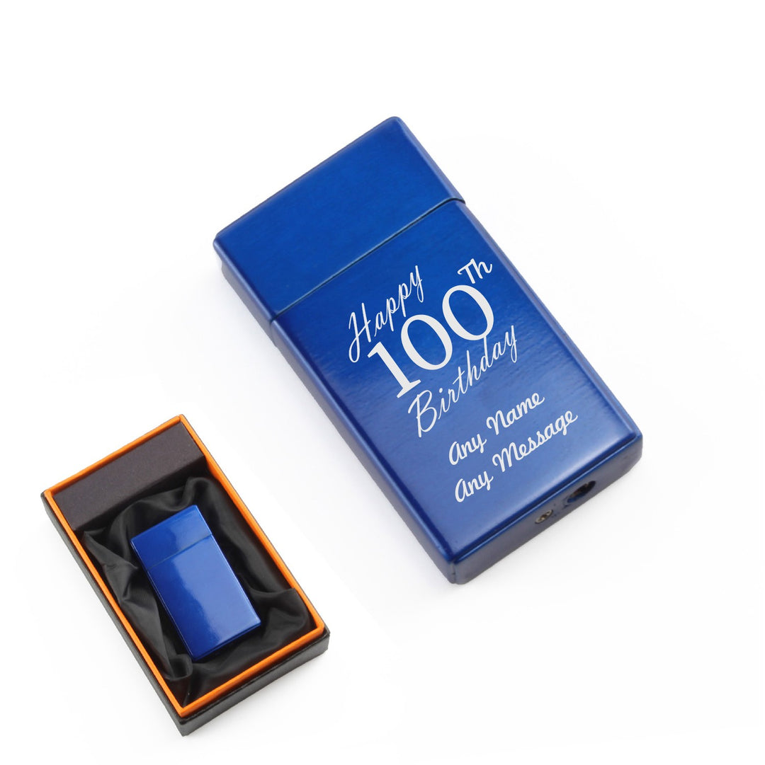 Engraved Jet Gas Lighter - Blue Happy 100th Birthday (Boxed)