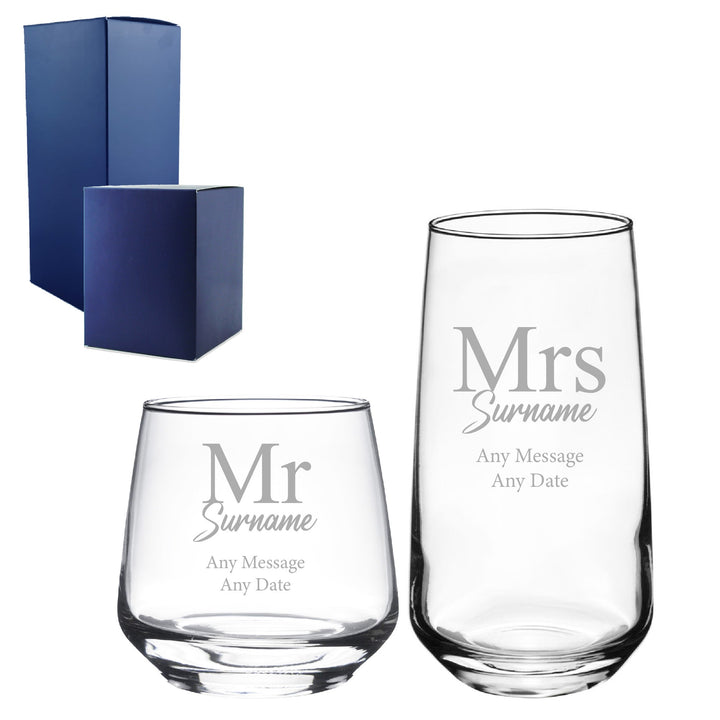 Personalised Mr &amp; Mrs Whisky and Cocktail Glass Set