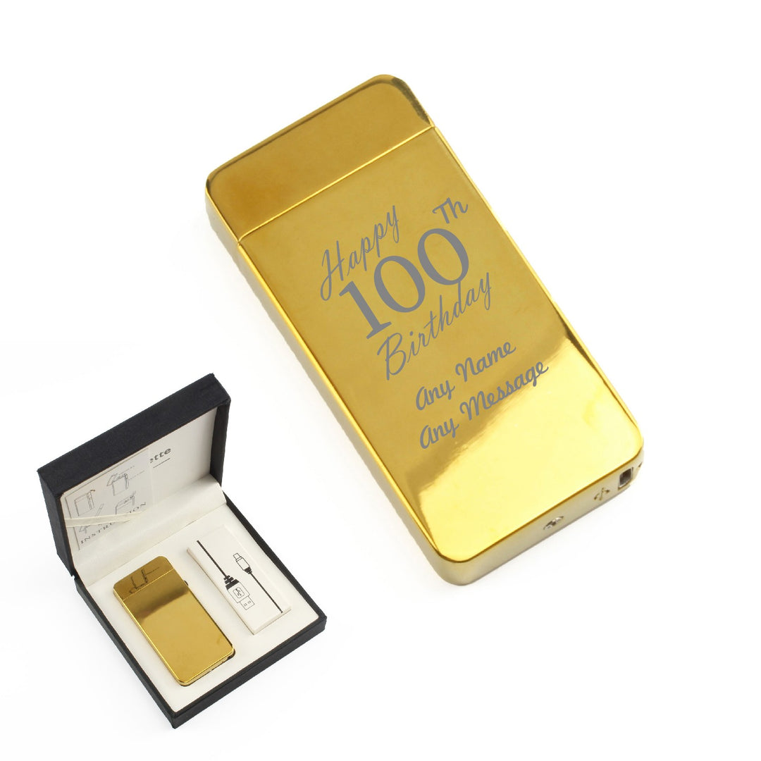 Personalised Gold Electric Arc Lighter - Happy 100th Birthday