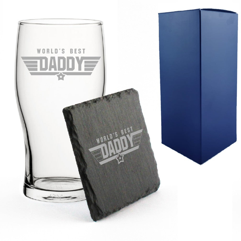 Engraved Pint Glass &amp; Slate Coaster Set - Top Daddy