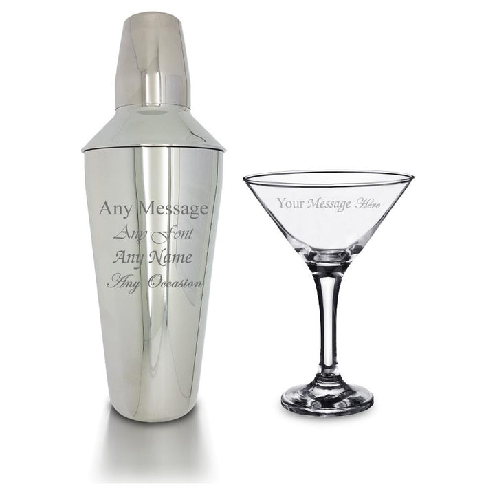 Personalised Engraved Cocktail Shaker, Strainer &amp; Martini Glass