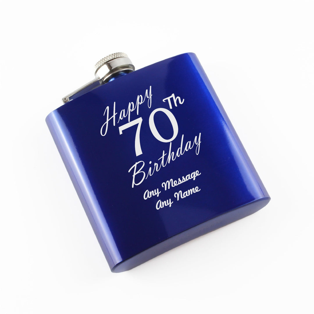 Personalised Blue Steel Hip Flask 6oz - Happy 70th Birthday