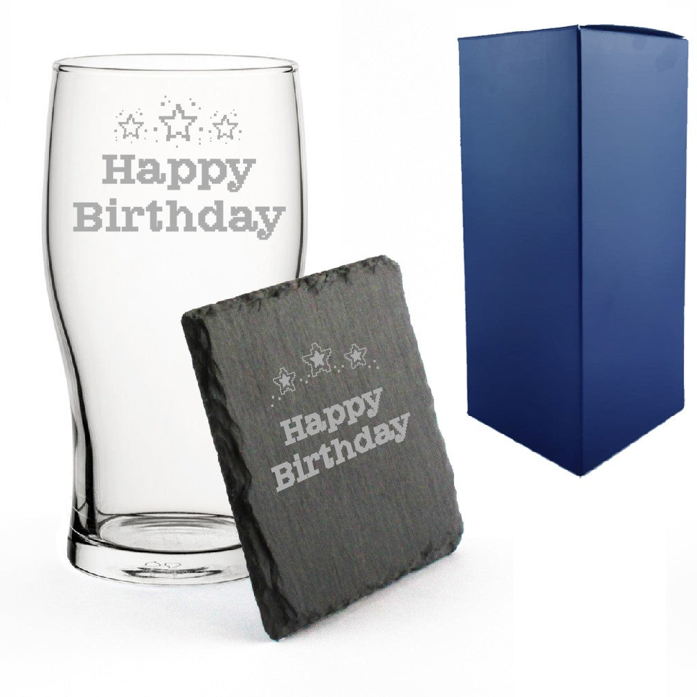 Engraved Pixel Happy Birthday Pint Glass &amp; Slate Coaster Set
