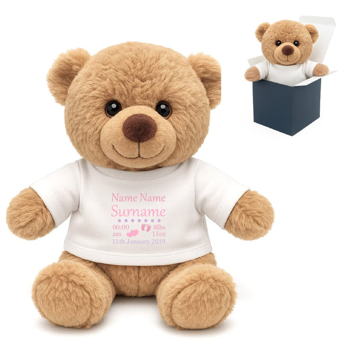 Personalised Newborn Baby Teddy Bear in T-Shirt (Pink Design)