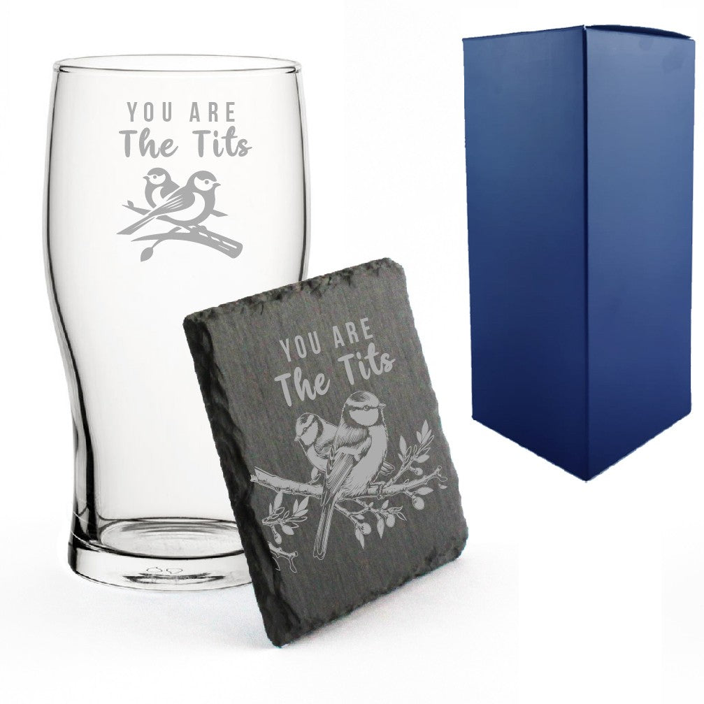 Engraved Pint Glass &amp; Slate Coaster Set - You Are The Birds