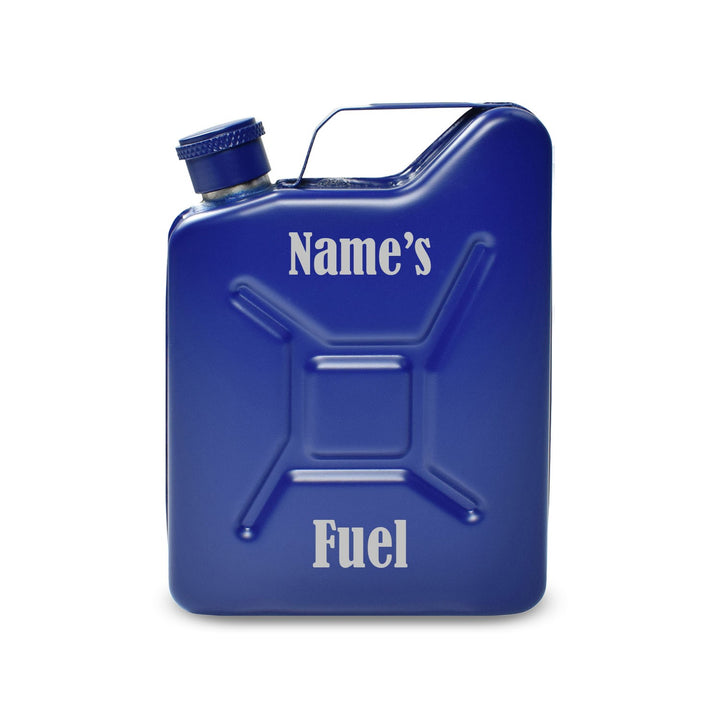 Personalised Blue Jerry Can Hip Flask with Fuel Design