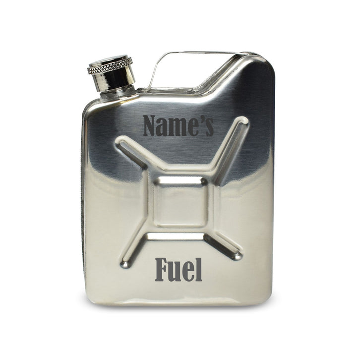 Personalised Silver Jerry Can Hip Flask with Fuel Design