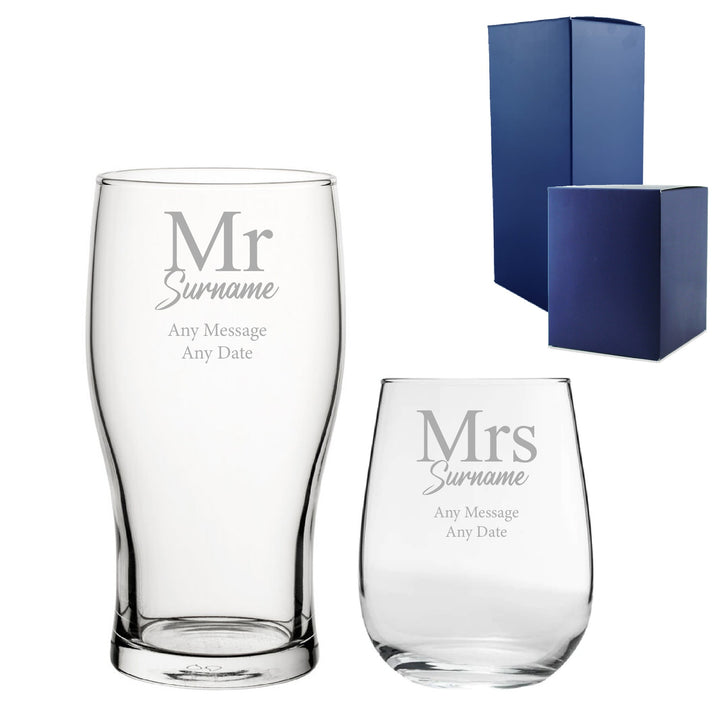 Personalised Mr and Mrs Beer &amp; Stemless Wine Glass Set