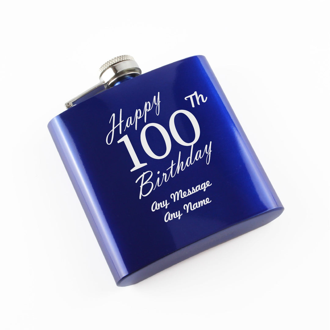 Personalised Blue Steel Hip Flask 6oz - 100th Birthday
