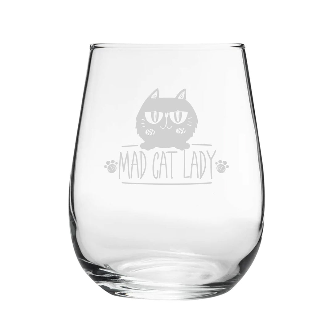Engraved Mad Cat Lady Stemless Gin &amp; Wine Glass