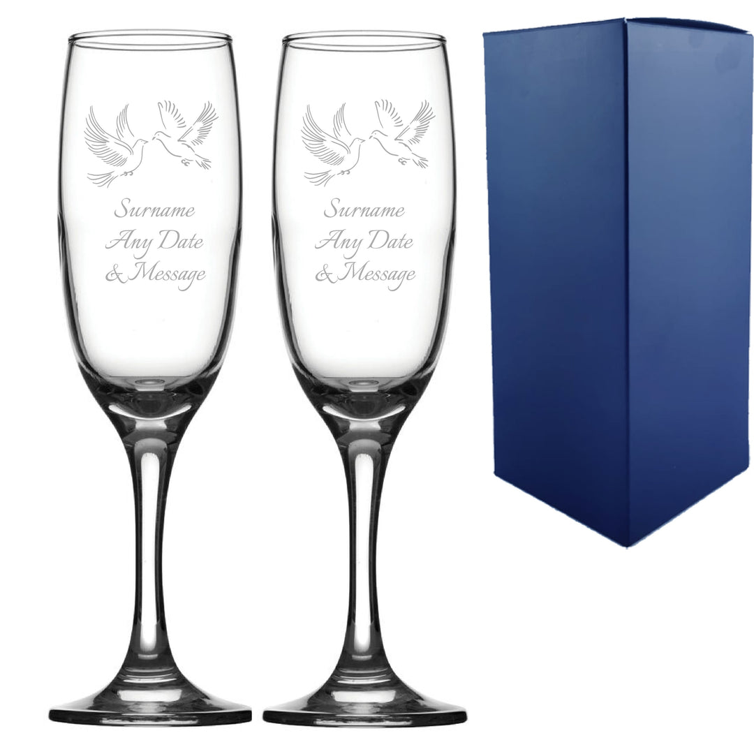 Personalised Wedding Champagne Glass Set with Doves