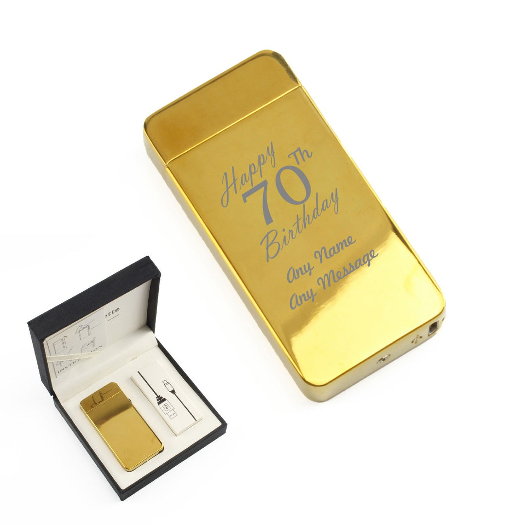 Personalised Gold Electric Arc Lighter – Happy 70th Birthday