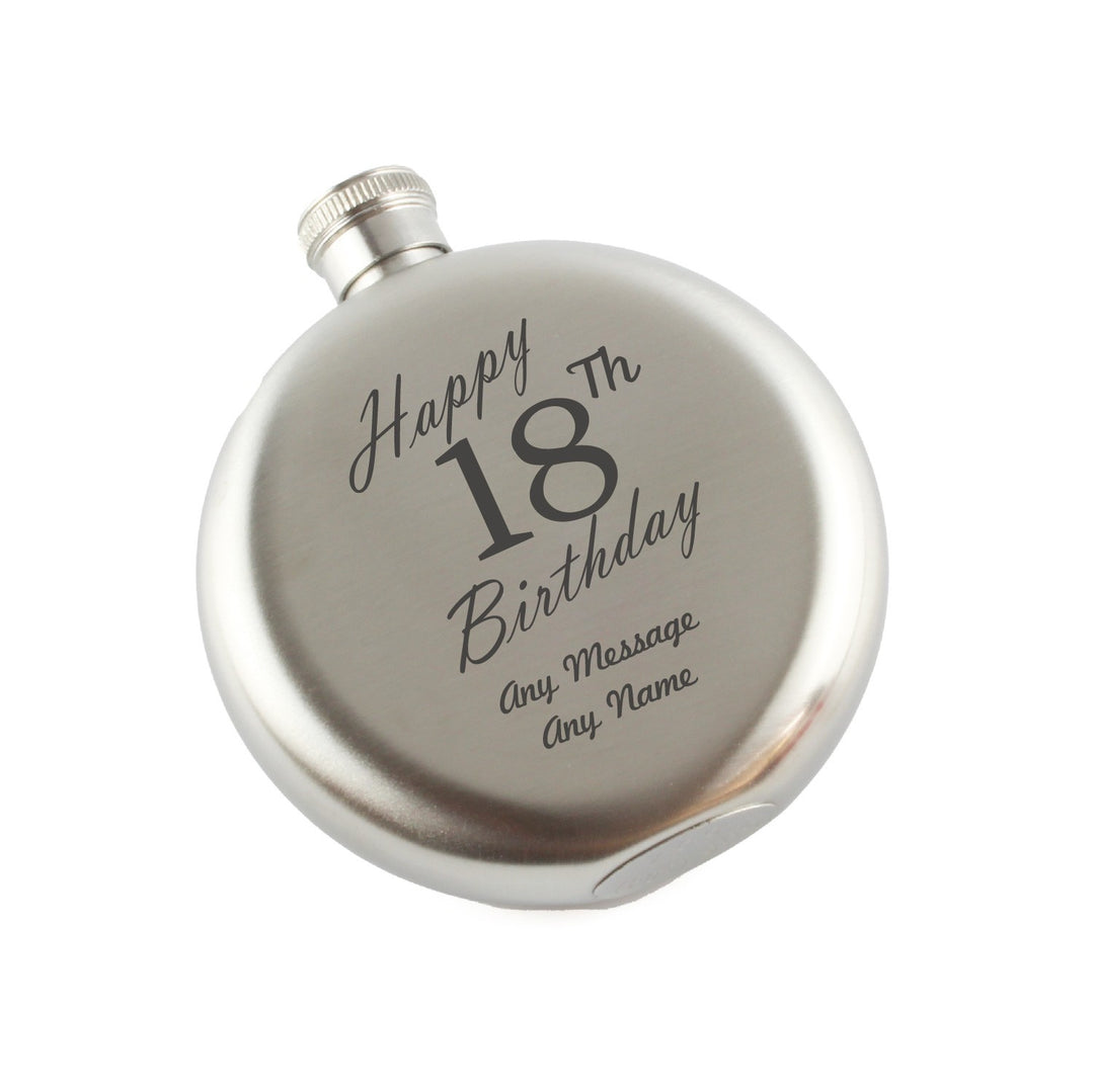 Personalised 5oz Round Stainless Steel Hip Flask for 18th Birthday