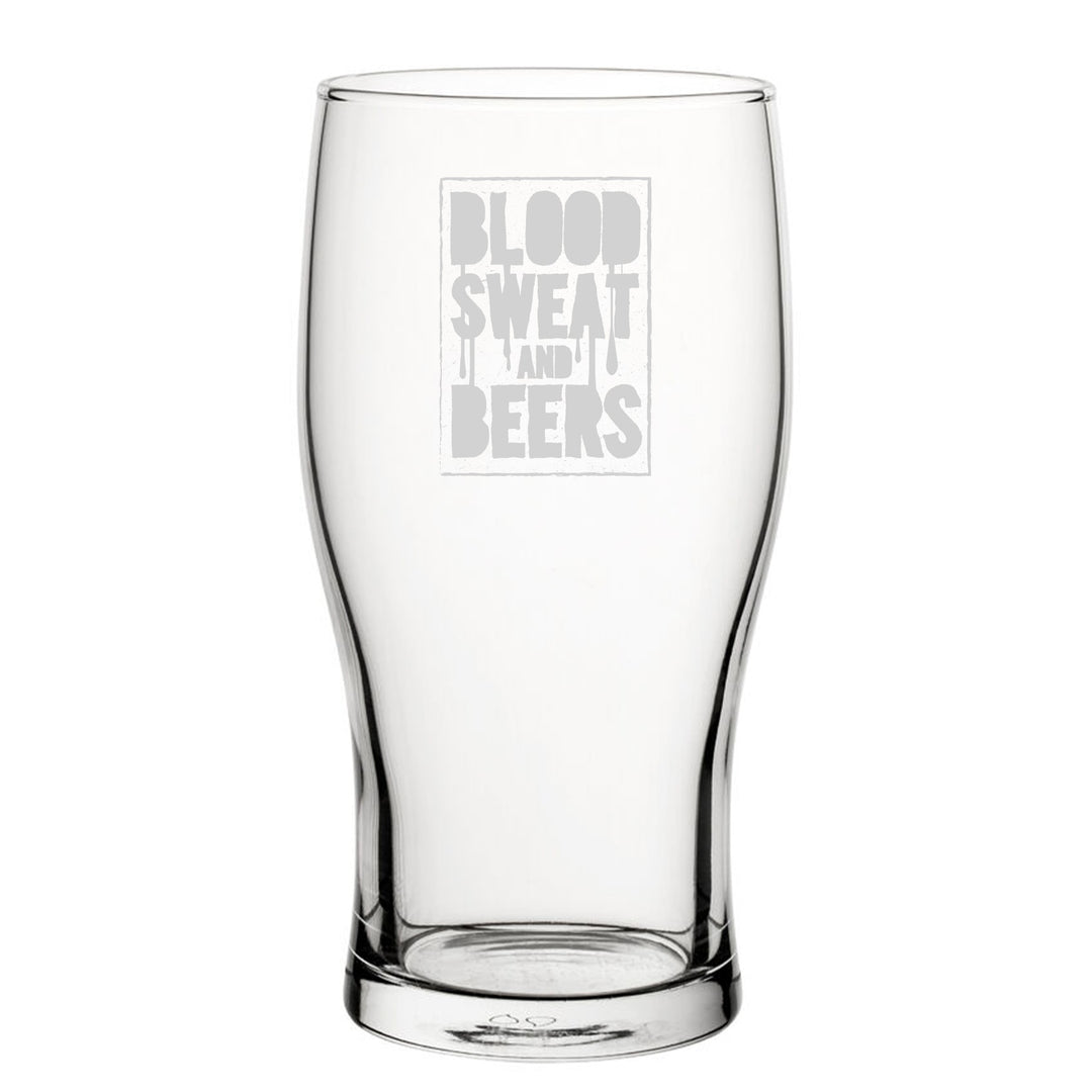Engraved Novelty Tulip Pint Glass - Blood, Sweat And Beers