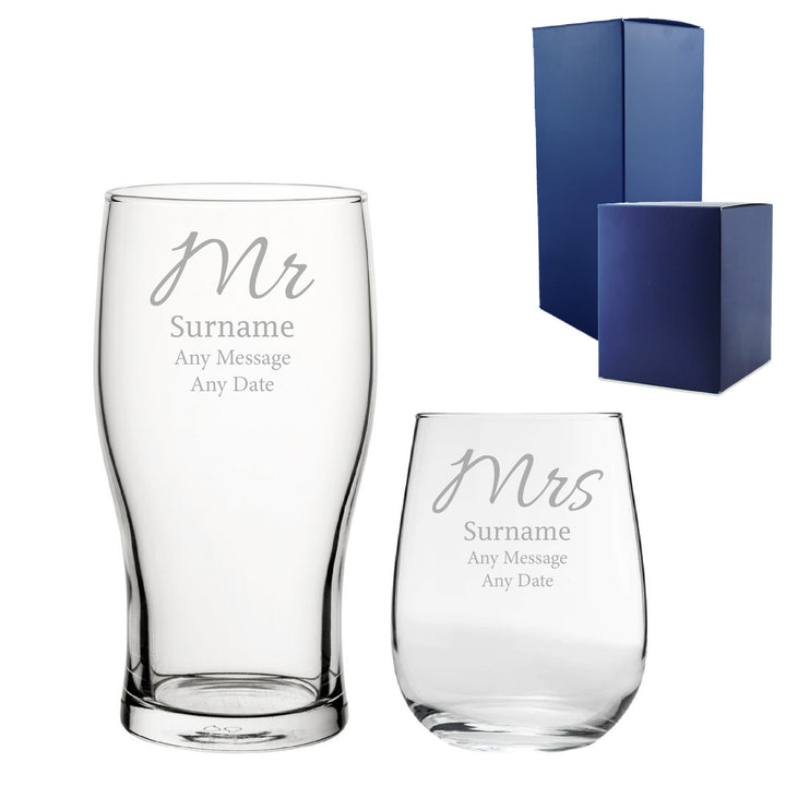 Personalised Mr and Mrs Pint &amp; Stemless Wine Glass Set