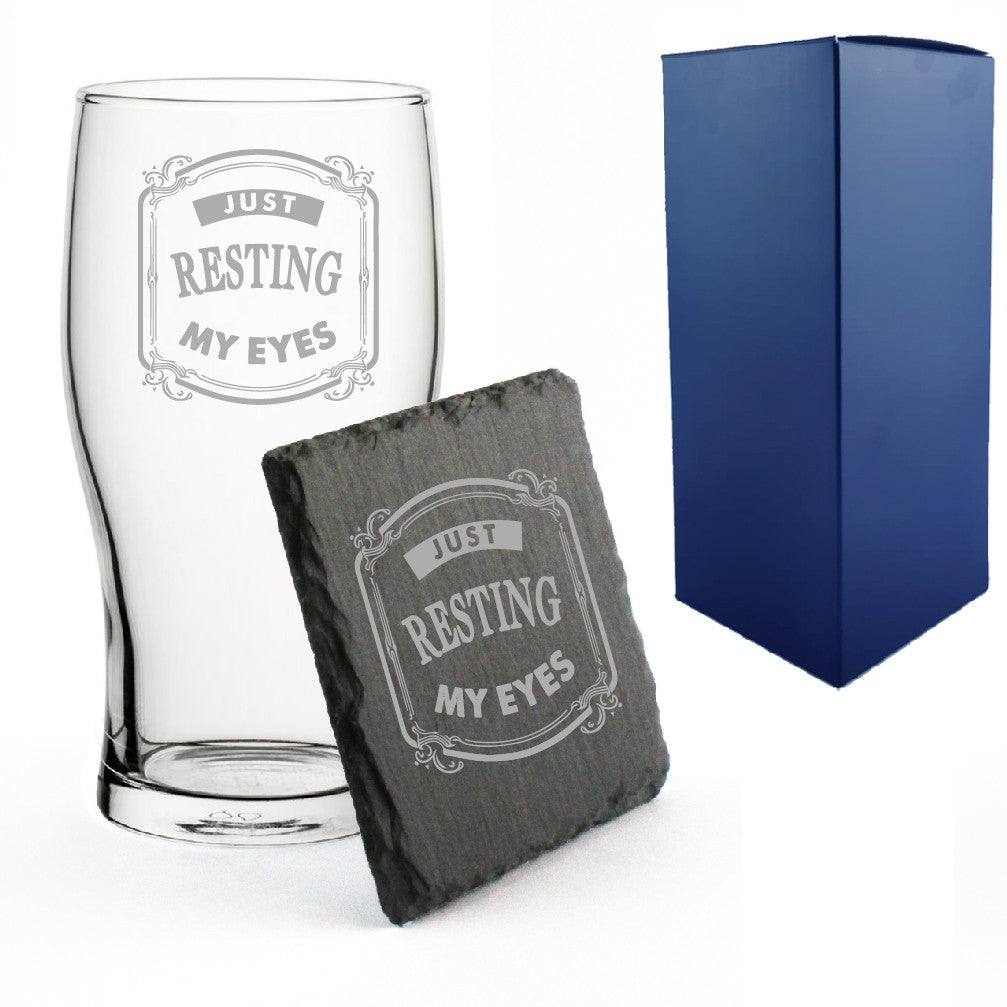 Engraved Pint Glass &amp; Slate Coaster Set – Resting My Eyes