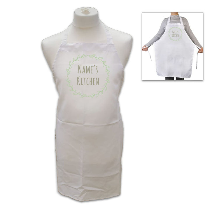 Personalised White Adult Apron – Name’s Kitchen Wreath