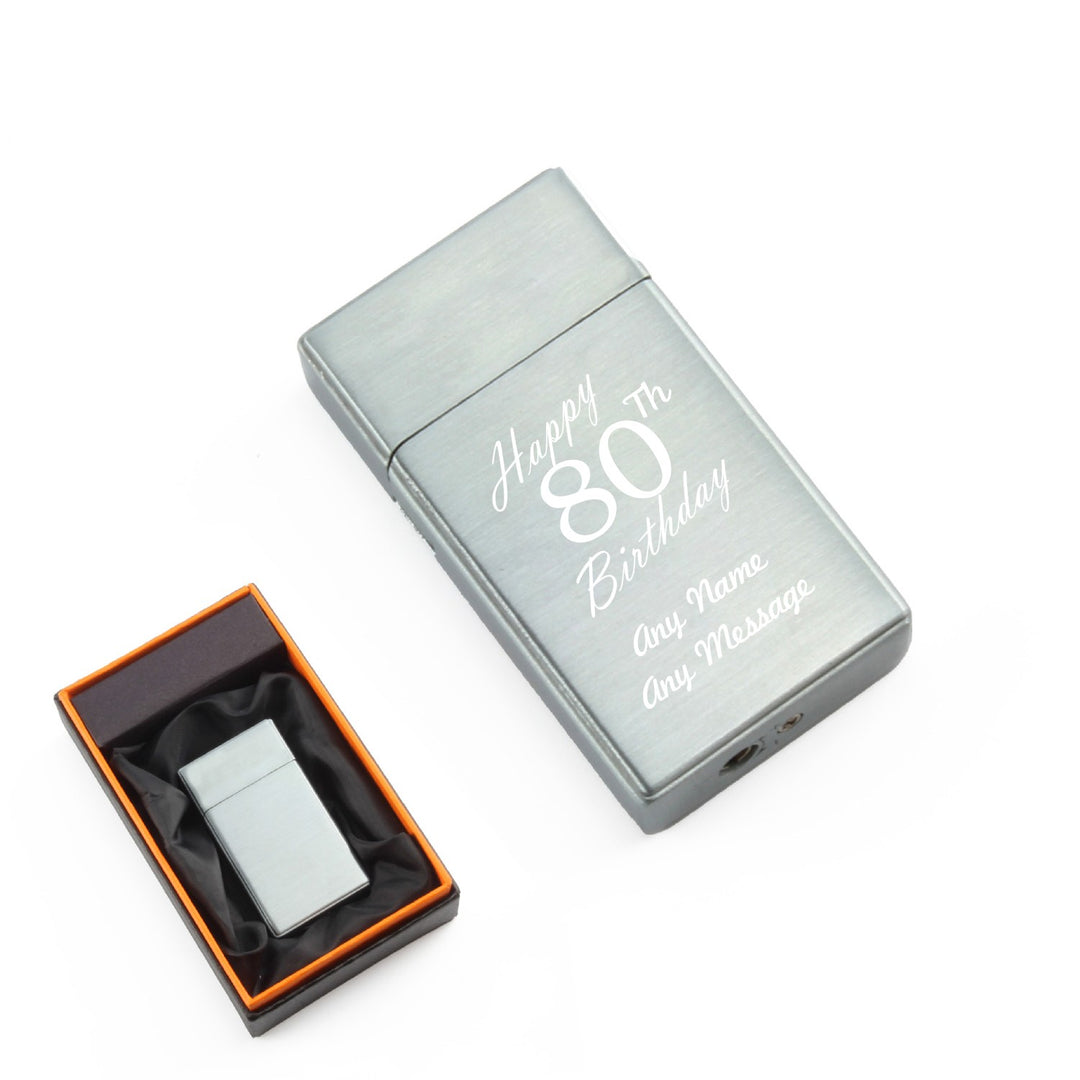 Engraved Silver Jet Gas Lighter - Happy 80th Birthday (Boxed)