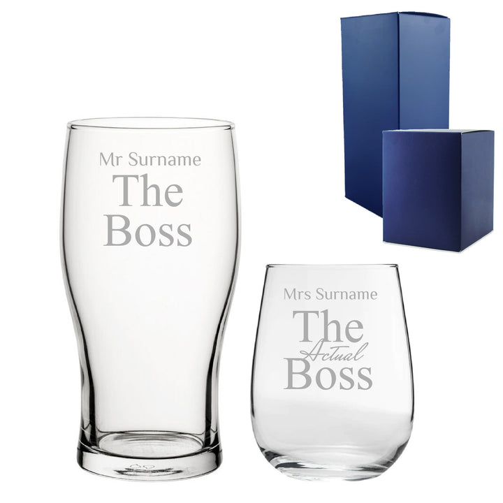 Engraved His and Hers Beer &amp; Stemless Wine Glass Set