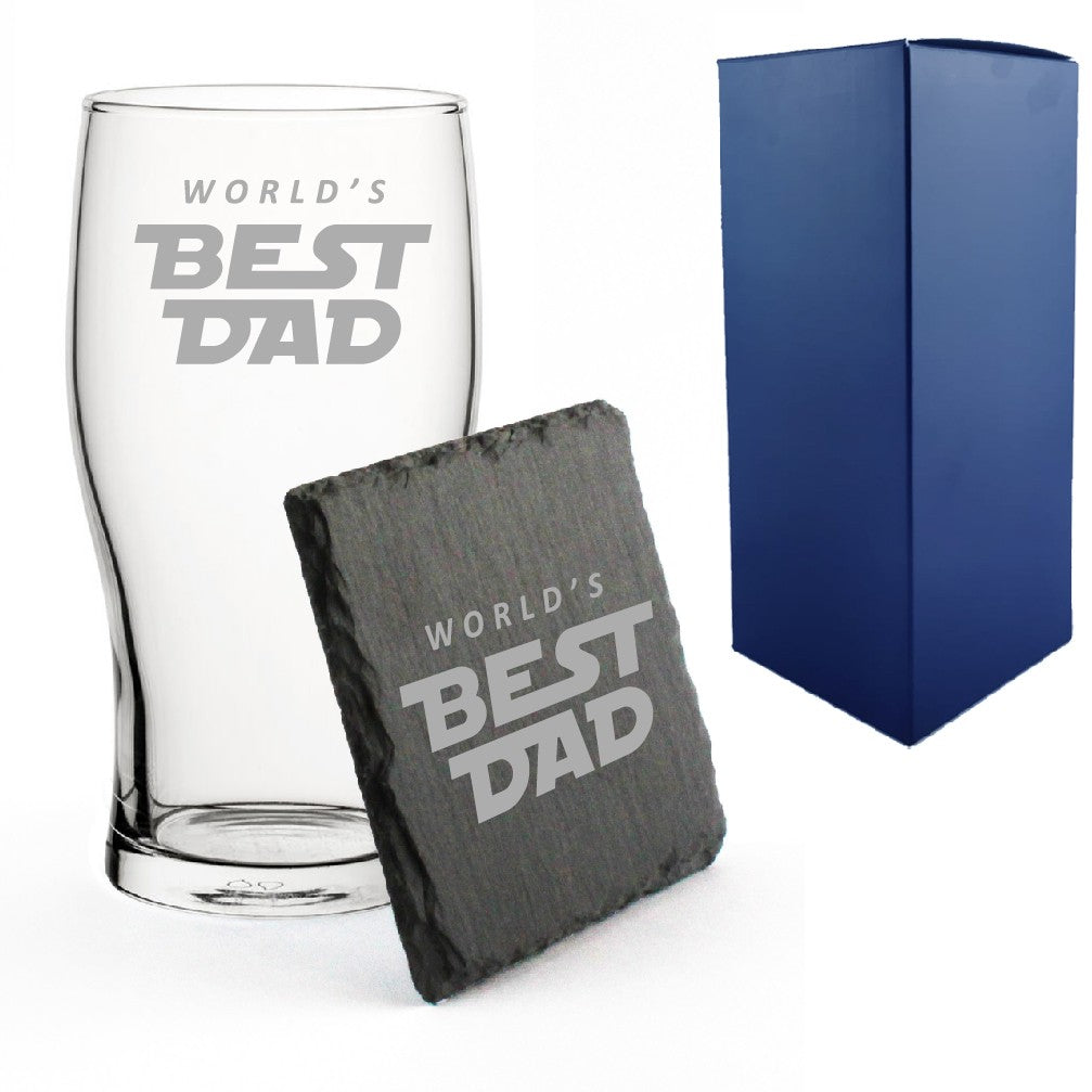 Engraved Pint Glass &amp; Slate Coaster Set - Best Dad Space