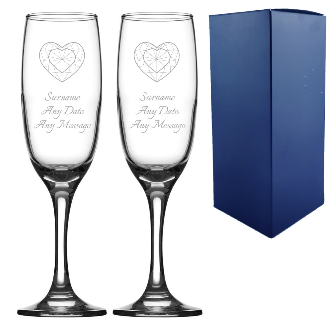 Personalised Diamond Heart Wedding Champagne Glass Set