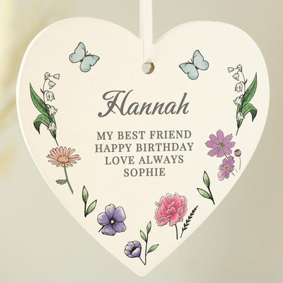 Personalised Wild Flowers Wooden Heart