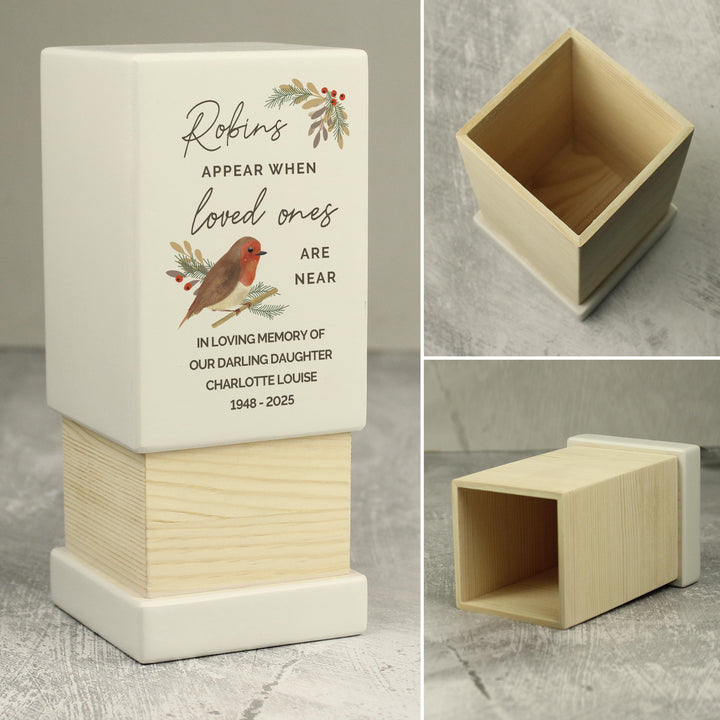 Personalised Robins Appear Small Wooden Urn, The Personal Shop, personalised gifts