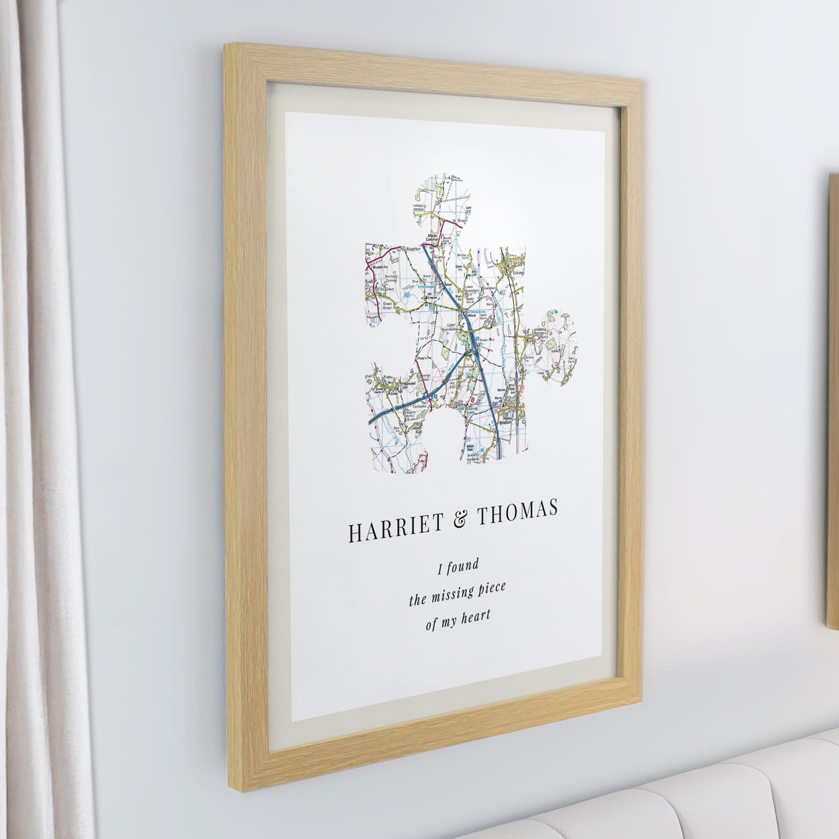 Personalised Present Day Map Puzzle Piece Oak Poster Frame – alternative view