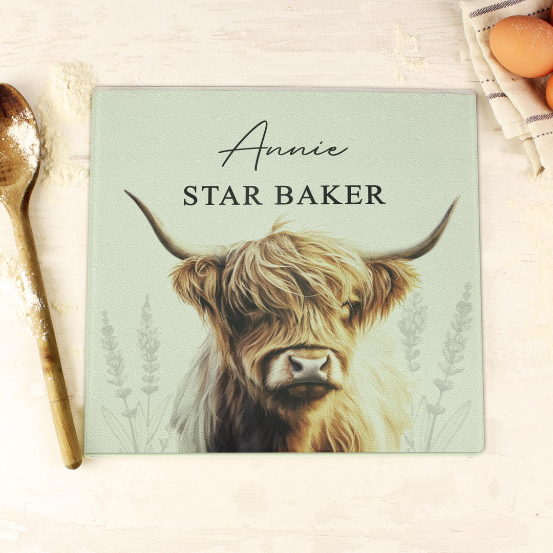 Personalised Highland Cow Glass Chopping Board – alternative view