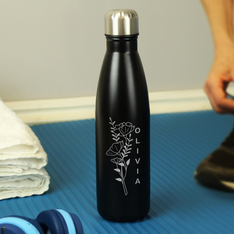 Personalised Floral Black Metal Insulated Drinks Bottle