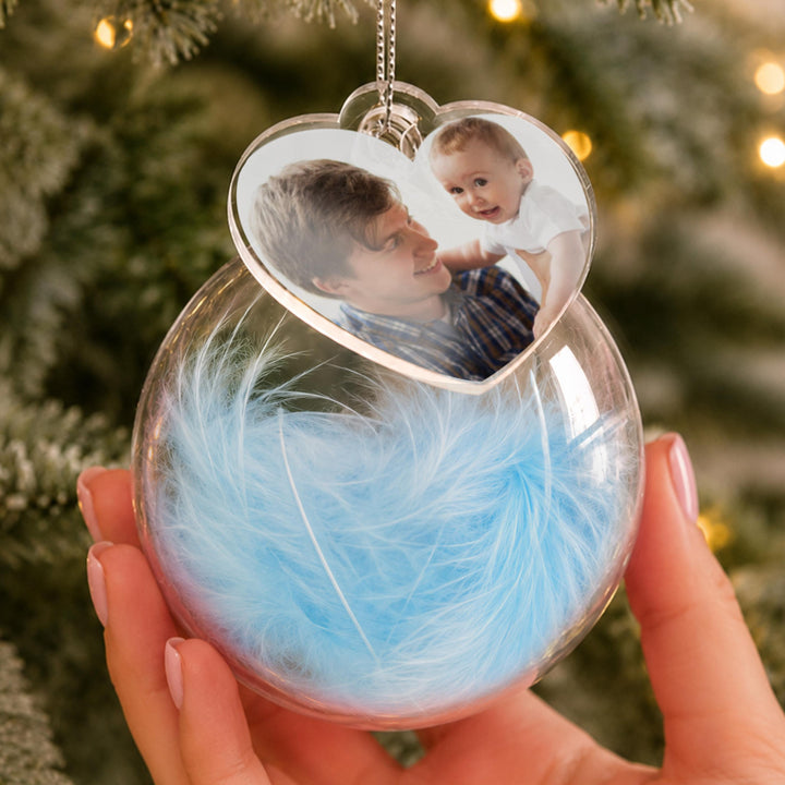 Personalised Photo Glass Bauble with Blue Feather, The Personal Shop, personalised gifts