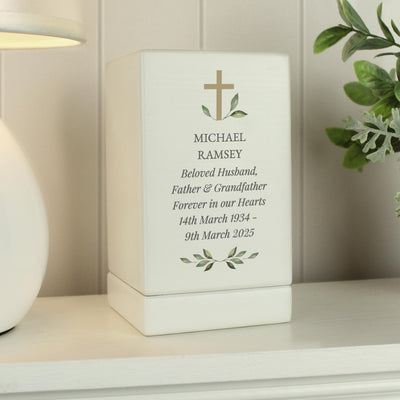 Personalised Memorial Cross Small Wooden Urn