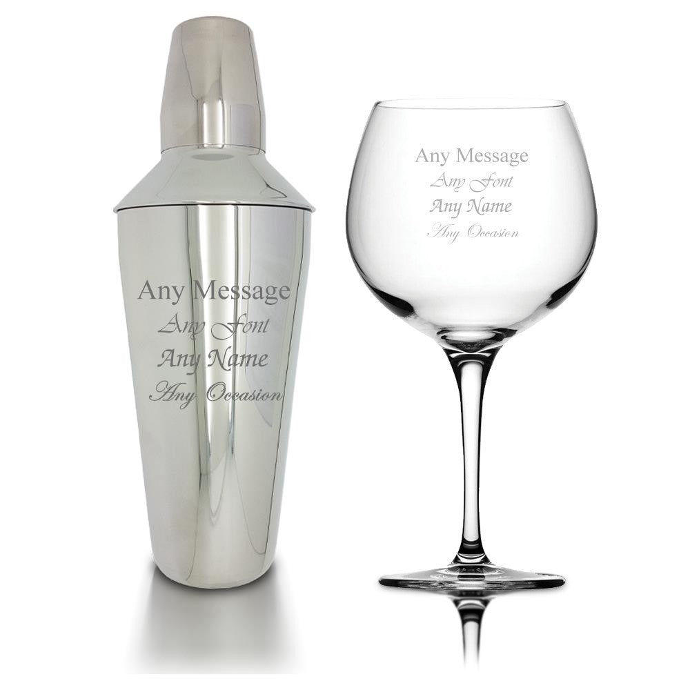 Personalised Cocktail Shaker Set with Strainer &amp; Gin Balloon Glass