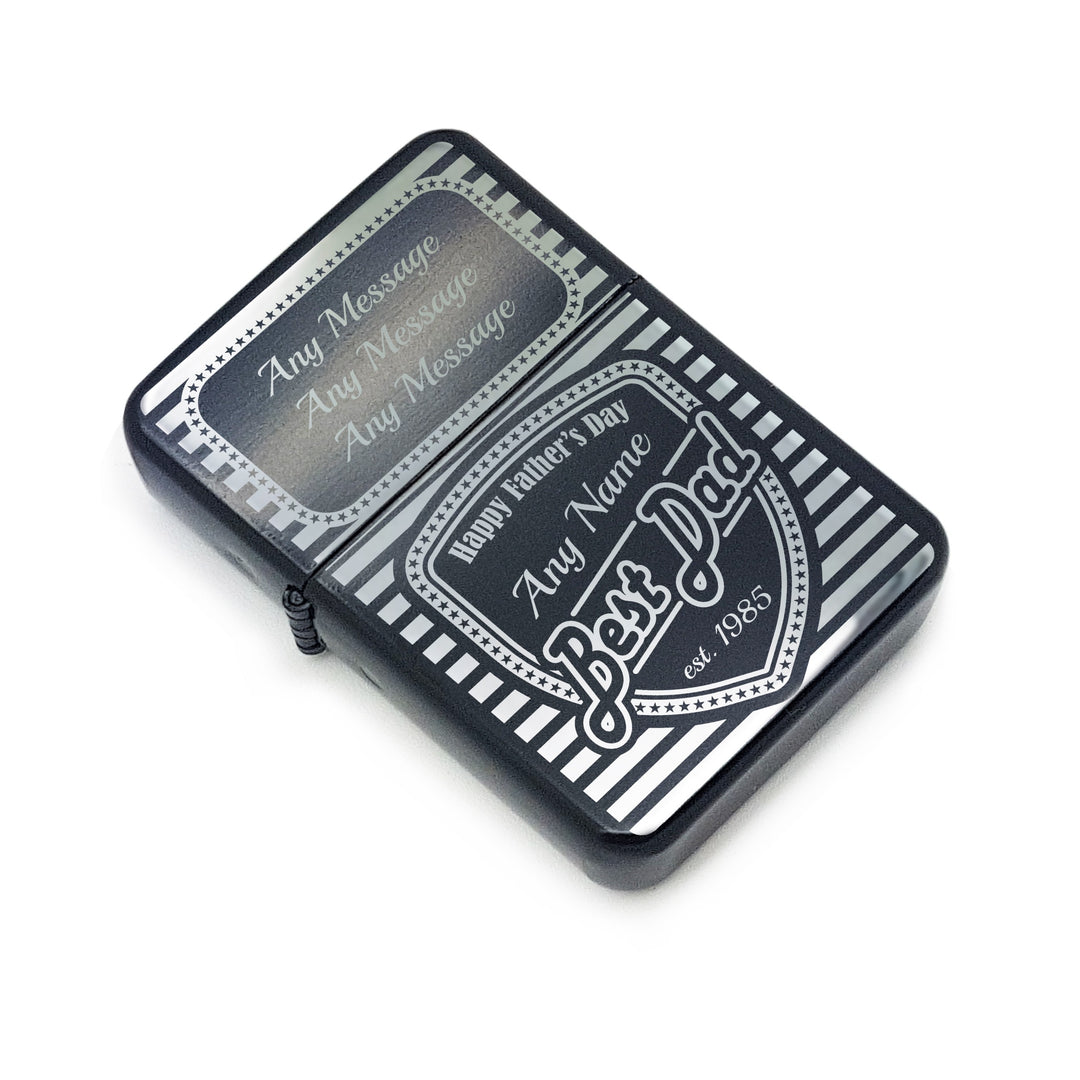Personalised Black Engraved Lighter with Best Dad Shield Design