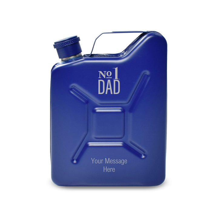 Personalised Blue Jerry Can Hip Flask with No.1 Dad Design