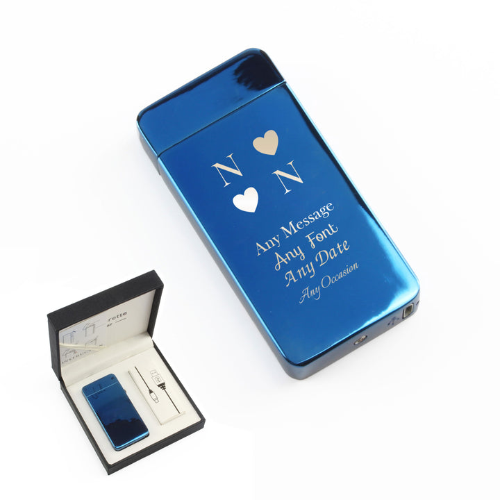 Personalised Blue Electric Arc Lighter with Heart Initials