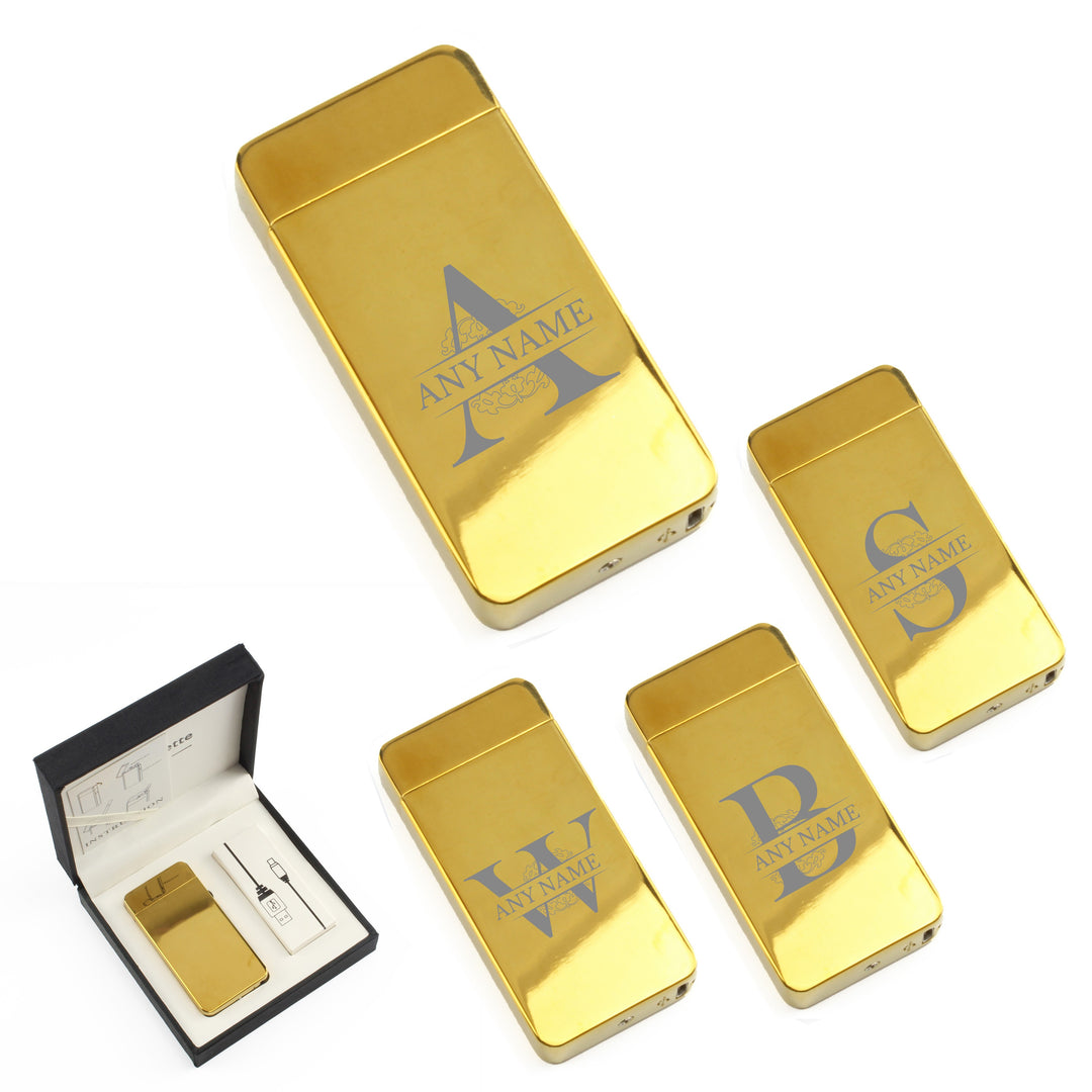 Personalised Gold Electric Arc Lighter with Initial, Gift Boxed