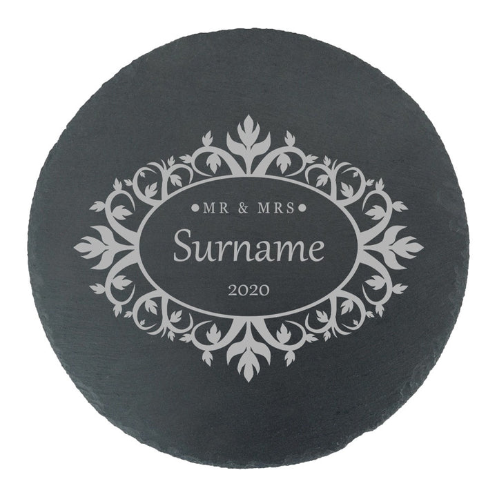Personalised Round Slate Cheeseboard with Mr &amp; Mrs Design