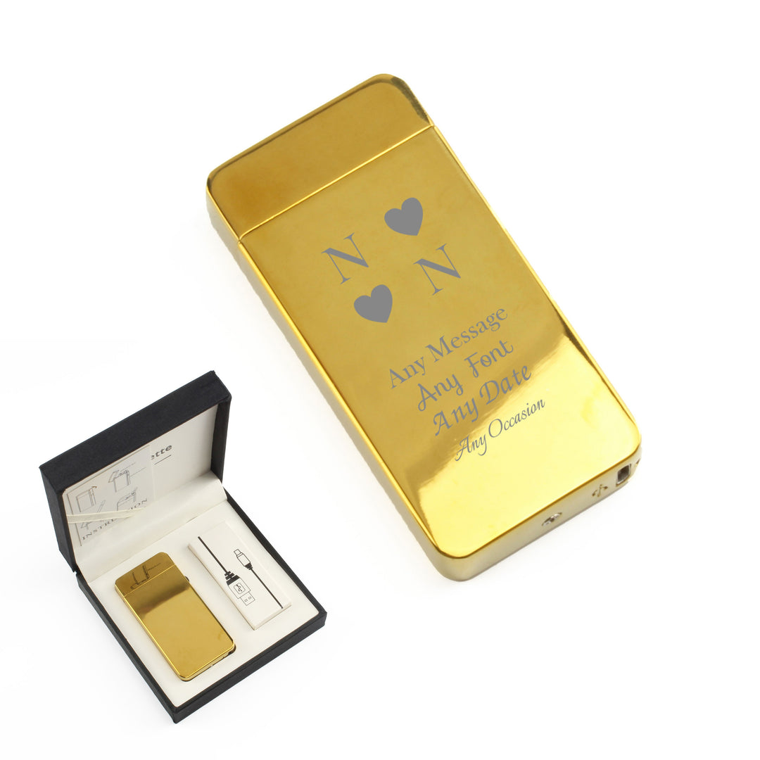 Personalised Gold Electric Arc Lighter with Heart Initials
