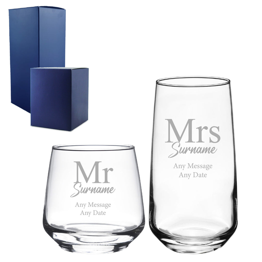 Personalised Mr &amp; Mrs Whisky and Cocktail Glass Set
